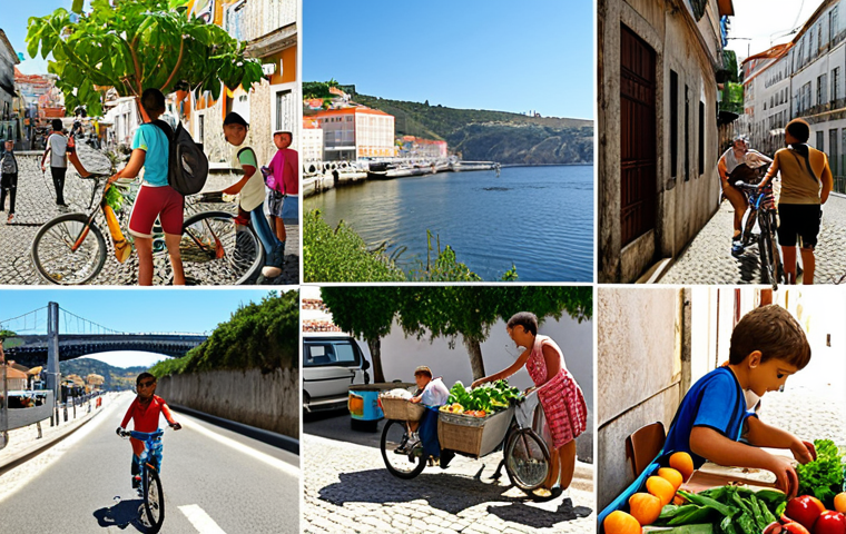 **
A vibrant scene showcasing Portugal's commitment to renewable energy. Solar panels gleam in the Algarve sun, wind turbines gracefully turn near Porto, and a hydroelectric dam harnesses the power of a northern river. Lush, green landscapes emphasize the country's natural beauty and commitment to a sustainable future, with a small electric car charging nearby.
**