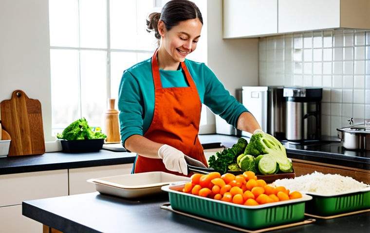 Sustainable Meal Prep**

"A brightly lit kitchen scene. A person wearing an apron is preparing a colorful array of fresh, local, and seasonal vegetables. They are using efficient cookware. Reusable containers are neatly stacked nearby. Focus on showcasing the vibrant ingredients and organized workspace. Fully clothed, appropriate attire, safe for work, perfect anatomy, natural proportions, professional photography, high quality, modest."

**
