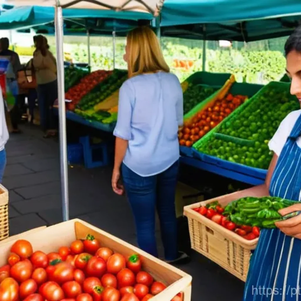 탄소중립을 위한 소비자 교육 프로그램 - **A Vibrant Portuguese Farmers Market with Conscious Shoppers**: A bright, bustling outdoor farmers ...