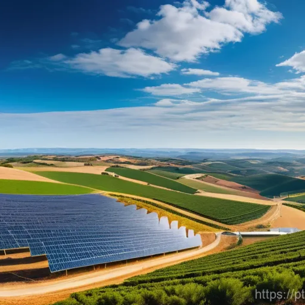 탄소중립을 위한 공공 정책의 역할 - "An expansive, panoramic view of a vast solar farm stretching across the gentle, sun-kissed hills of...