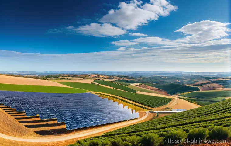 탄소중립을 위한 공공 정책의 역할 - "An expansive, panoramic view of a vast solar farm stretching across the gentle, sun-kissed hills of...