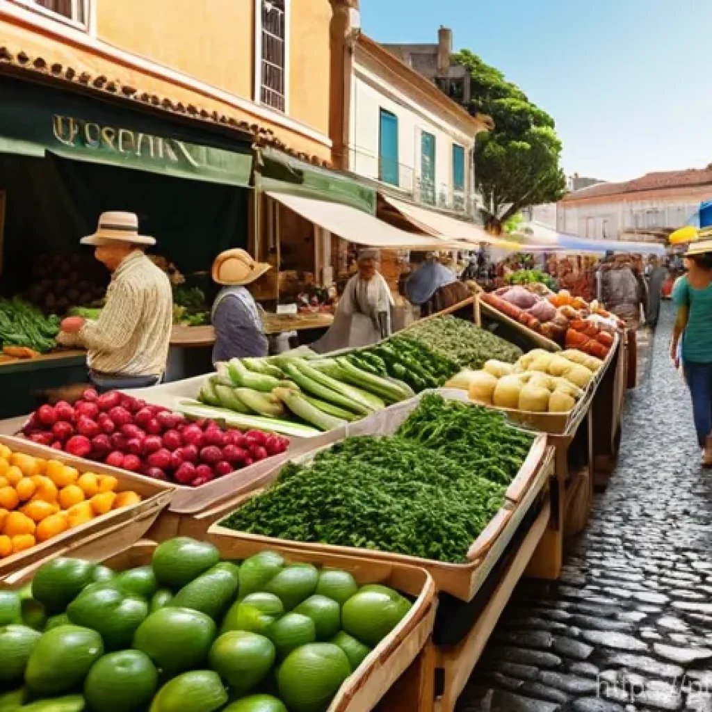 탄소발자국 줄이는 생활 실천법 - "A bustling, vibrant local farmers' market in a sun-drenched outdoor setting, with a warm, inviting ...