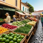 탄소발자국 줄이는 생활 실천법 - "A bustling, vibrant local farmers' market in a sun-drenched outdoor setting, with a warm, inviting ...