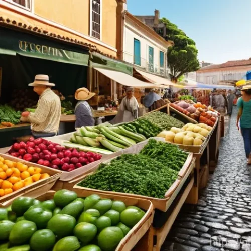 탄소발자국 줄이는 생활 실천법 - "A bustling, vibrant local farmers' market in a sun-drenched outdoor setting, with a warm, inviting ...