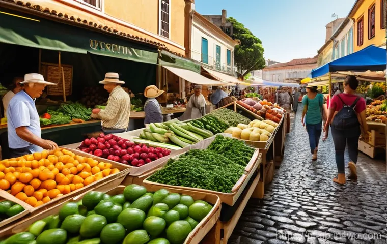 탄소발자국 줄이는 생활 실천법 - "A bustling, vibrant local farmers' market in a sun-drenched outdoor setting, with a warm, inviting ...