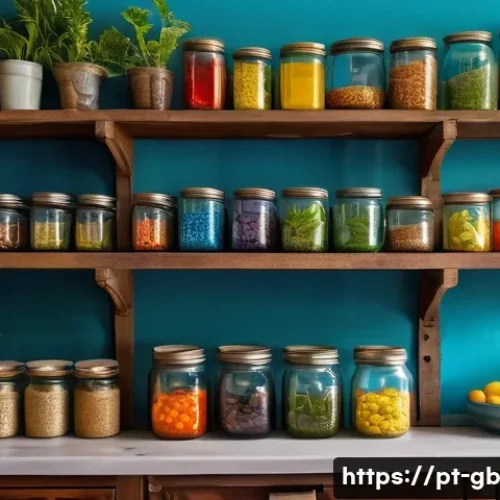 탄소중립을 위한 자원 재사용 방법 - A cozy, sunlit kitchen interior featuring colorful glass and plastic jars neatly reused as food stor...