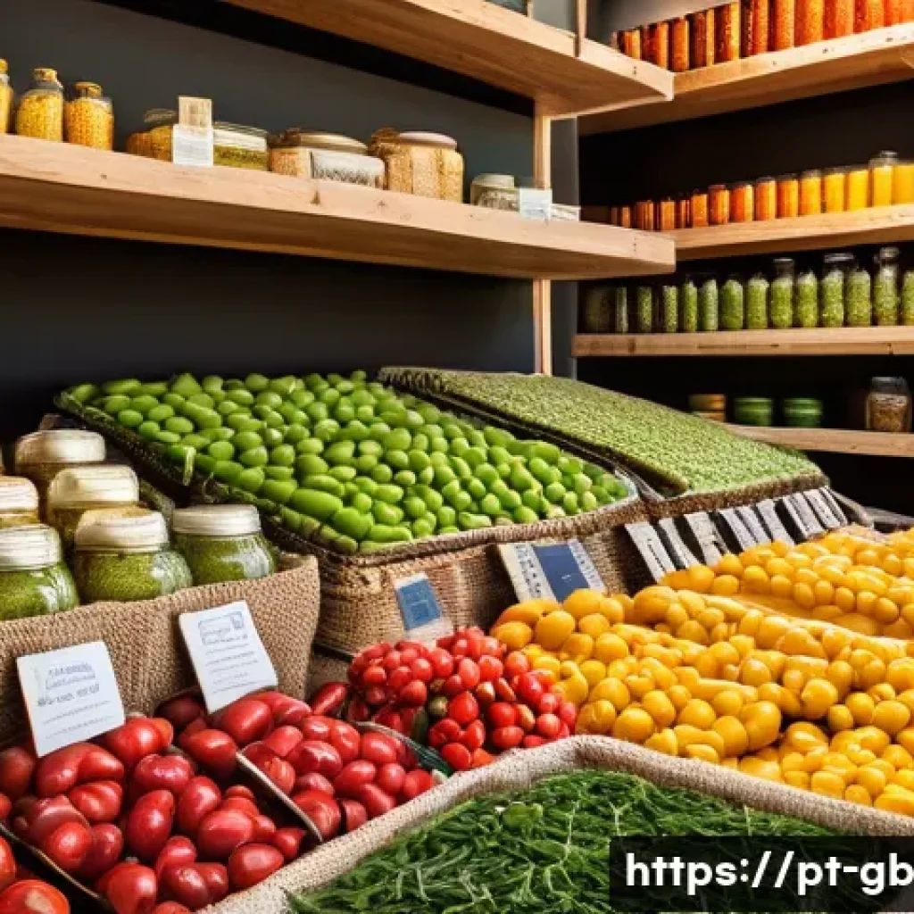 탄소중립을 위한 식품 포장 줄이기 - A vibrant and detailed market scene in Portugal showcasing a variety of sustainable food packaging o...