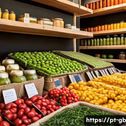 탄소중립을 위한 식품 포장 줄이기 - A vibrant and detailed market scene in Portugal showcasing a variety of sustainable food packaging o...