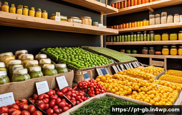 탄소중립을 위한 식품 포장 줄이기 - A vibrant and detailed market scene in Portugal showcasing a variety of sustainable food packaging o...