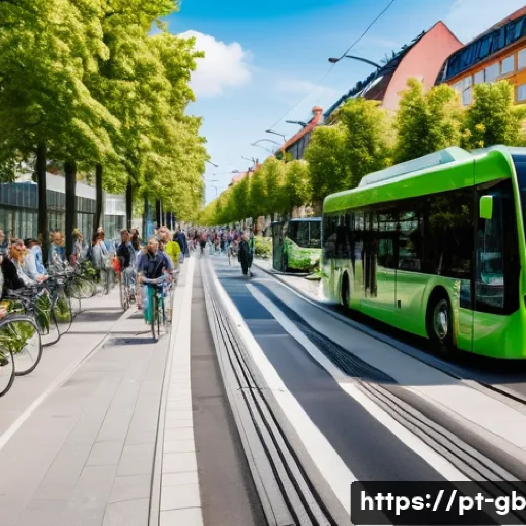 탄소중립 생활을 위한 국제 사례 연구 - A vibrant urban scene in Copenhagen showcasing a modern public transportation system with sleek elec...