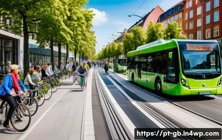 탄소중립 생활을 위한 국제 사례 연구 - A vibrant urban scene in Copenhagen showcasing a modern public transportation system with sleek elec...