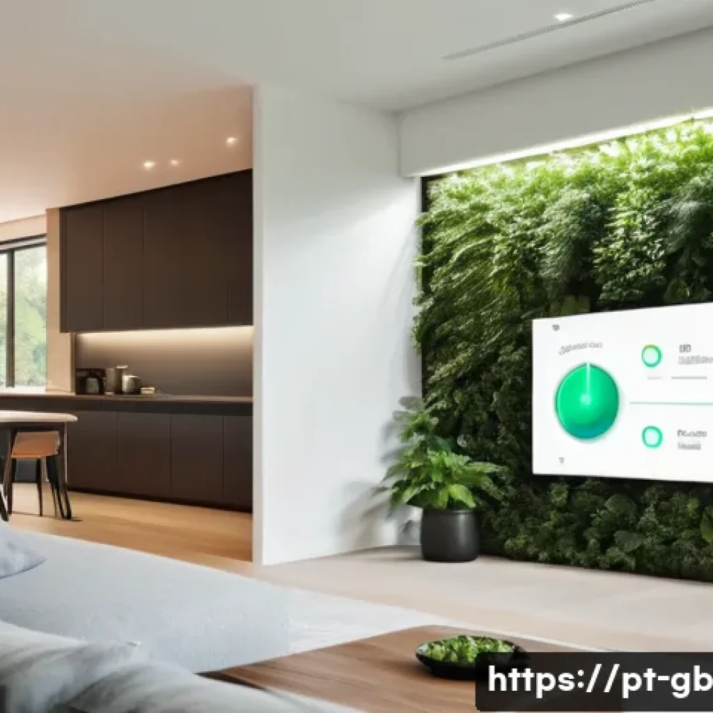 탄소중립을 위한 스마트 홈 기술 활용하기 - A modern, eco-friendly smart home interior with intelligent lighting control: LED lights softly illu...