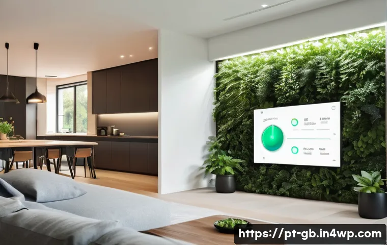 탄소중립을 위한 스마트 홈 기술 활용하기 - A modern, eco-friendly smart home interior with intelligent lighting control: LED lights softly illu...