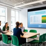 탄소중립을 위한 행동 강령 수립하기 - A modern corporate office environment showcasing a diverse group of employees engaged in a sustainab...