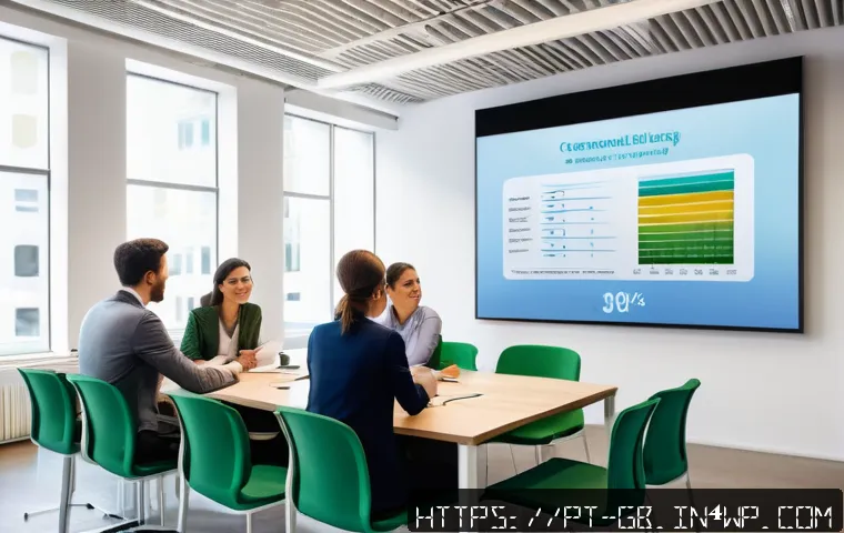 탄소중립을 위한 행동 강령 수립하기 - A modern corporate office environment showcasing a diverse group of employees engaged in a sustainab...