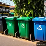 탄소중립을 위한 재활용 프로그램 개선 방안 - A vibrant urban scene in a Brazilian city showing multiple strategically placed selective waste coll...