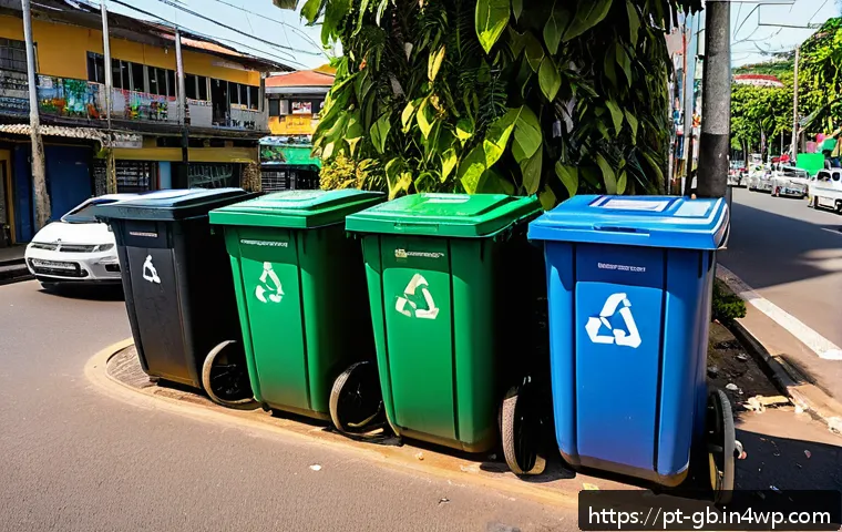 탄소중립을 위한 재활용 프로그램 개선 방안 - A vibrant urban scene in a Brazilian city showing multiple strategically placed selective waste coll...
