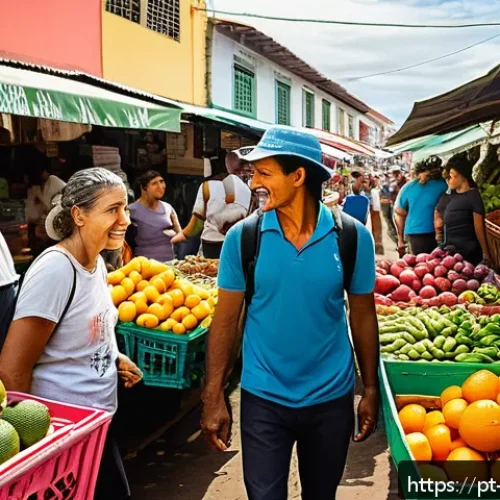 탄소중립을 위한 생태 발자국 줄이기 - A vibrant urban scene in a Brazilian city market showcasing a diverse group of people shopping for f...