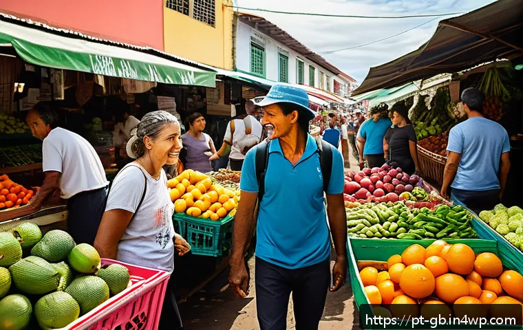 탄소중립을 위한 생태 발자국 줄이기 - A vibrant urban scene in a Brazilian city market showcasing a diverse group of people shopping for f...