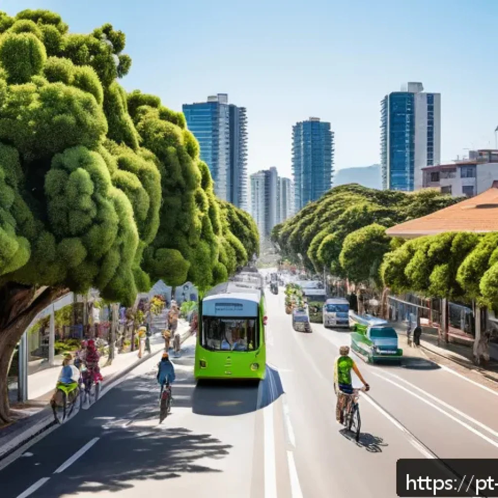 탄소중립을 위한 지속 가능한 미래 설계 - A vibrant Brazilian urban scene showcasing sustainable mobility: cyclists riding along a wide, tree-...