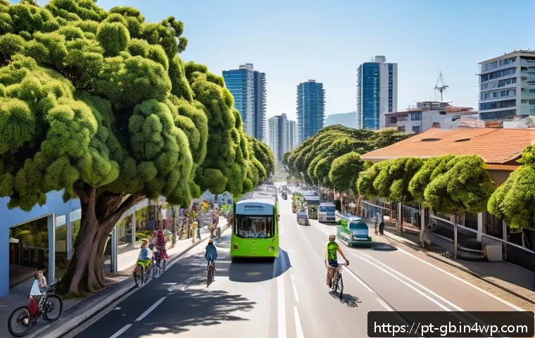 탄소중립을 위한 지속 가능한 미래 설계 - A vibrant Brazilian urban scene showcasing sustainable mobility: cyclists riding along a wide, tree-...