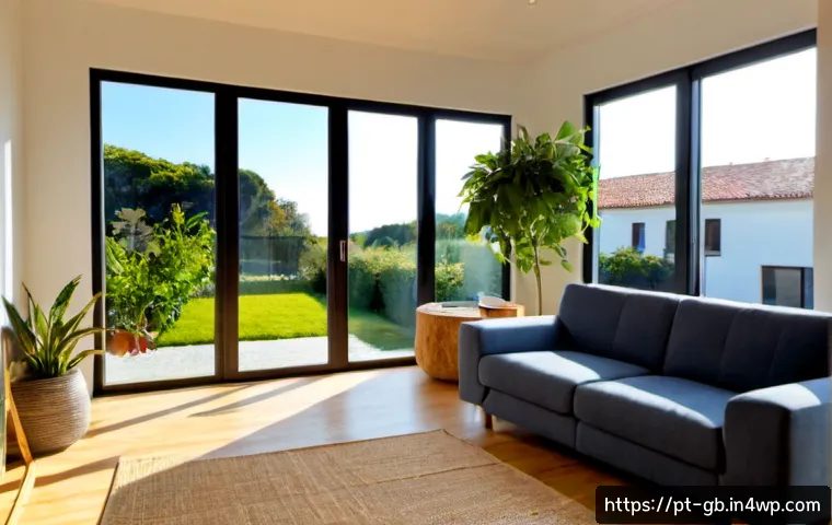 Home 17 탄소중립을 위한 주거 공간 개선 방법 - Photorealistic bright Portuguese family home living room redesigned for carbon neutrality, wide view...