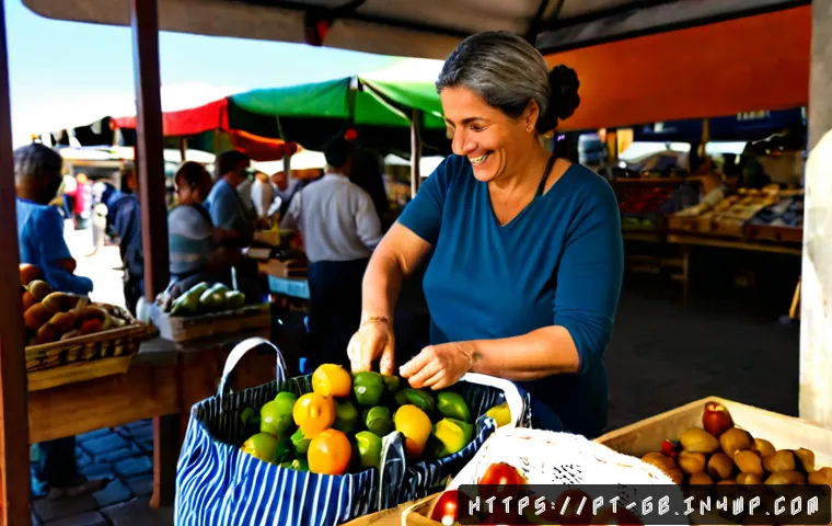 친환경 소비를 통한 지역 경제 활성화 - Photorealistic morning scene at a vibrant Portuguese farmers market, a smiling middle-aged shopper w...